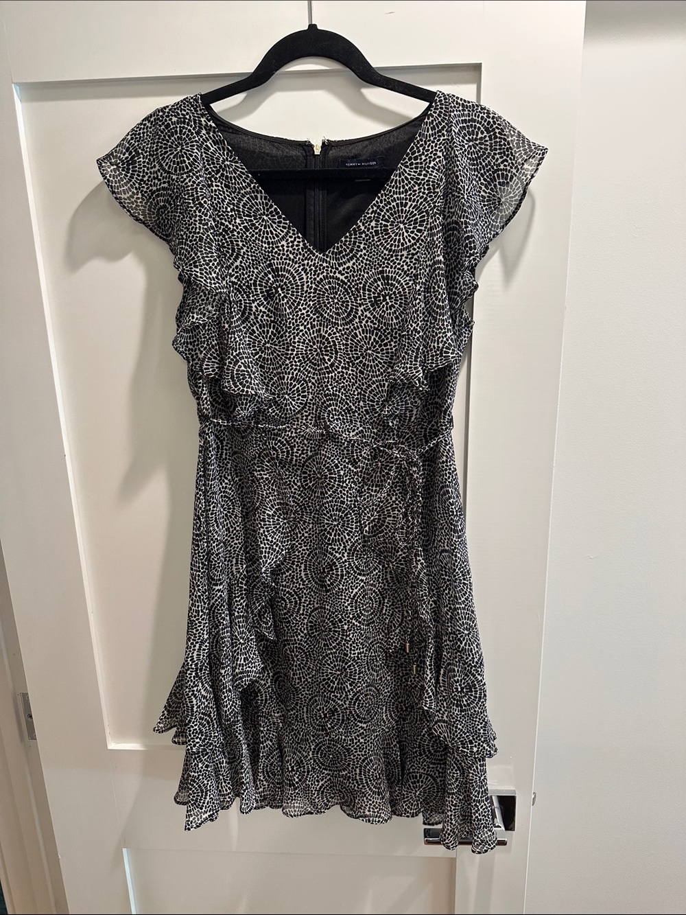 Tommy Hilfiger Black and White Printed Ruffle Mini Dress